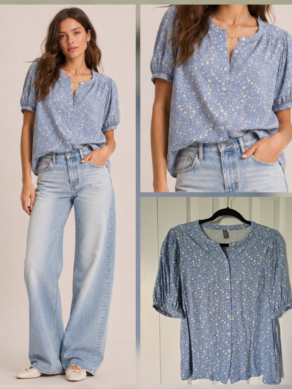 Blue Ditsy Floral Puff-Sleeve Blouse